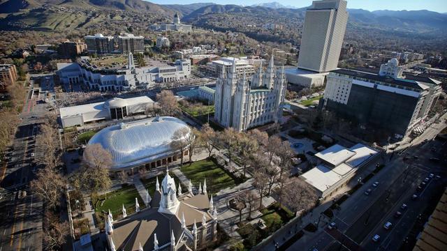 Der Tempelplatz in Salt Lake City aus der Vogelperspektive.